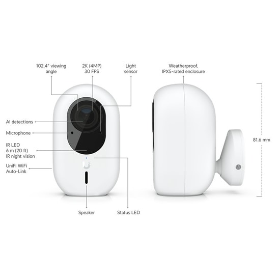 Ubiquiti UVC-G4-INS 4MP Wi-Fi IP Kamera - 2.8mm Lens, 6m IR, Çift Yönlü Ses, İnsan/Araç Algılama, IPX5 Koruma