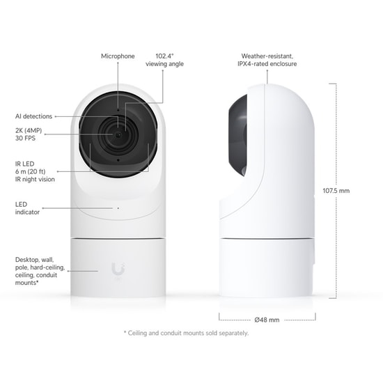 Ubiquiti UVC-G5-FLEX 4MP IP Kamera - 2.8mm Lens, 6m IR, Dahili Mikrofon, İnsan/Araç/Hayvan Algılama, PoE, IPX4