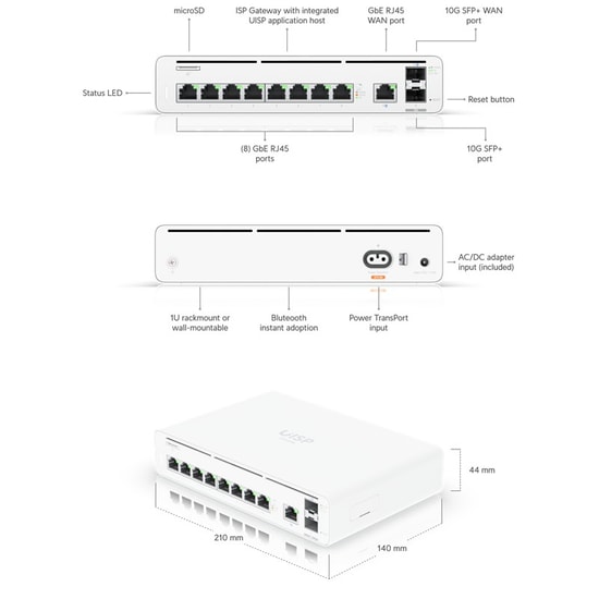Ubiquiti UISP-CONSOLE 8 Port Gigabit Gateway Router - 1 WAN Port, 2x10G SFP+ Port, Rackmount, Ağ Yönetim Cihazı