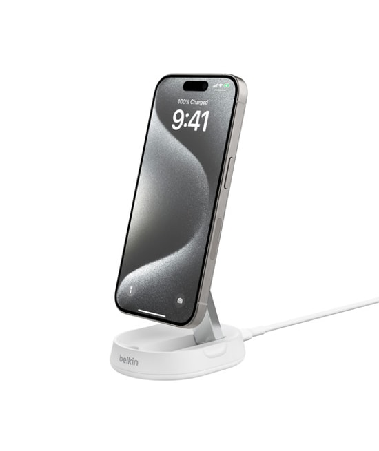 Belkin BoostCharge Pro Katlanabilir Qi2 15W Beyaz Manyetik Şarj Standı (WIA008BTWH) - Manyetik, Adaptif Şarj, Qi2 Uyumlu