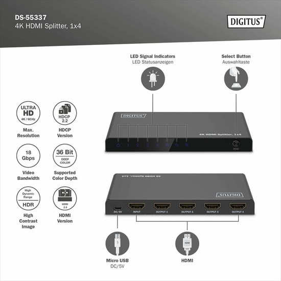 Digitus DS-55337 4 Port HDMI Splitter - 1 Giriş 4 Çıkış, 4K 60Hz Desteği, EDID Fonksiyonu, Mikro USB Güç Girişi