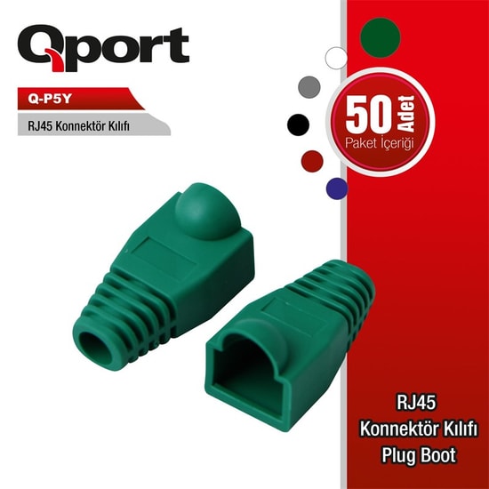 Qport Q-P5Y Yeşil RJ45 Konnektör Kılıfı - 50'li Paket, Kablo Koruyucu ve Düzenleyici Esnek Plastik Yapı
