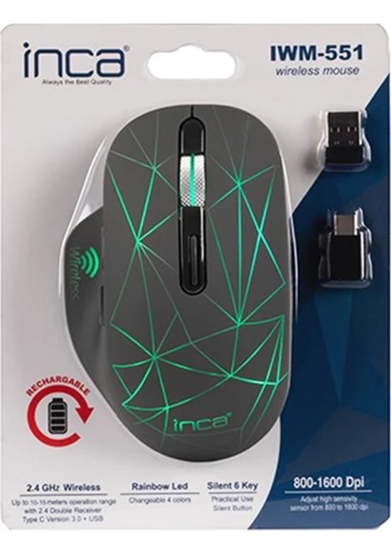 Inca IWM-551 Şarj Edilebilir Type-C + USB Kablosuz Mouse - 1600 DPI, 7 Tuş, Sessiz, 4 Renk LED Aydınlatma, Siyah
