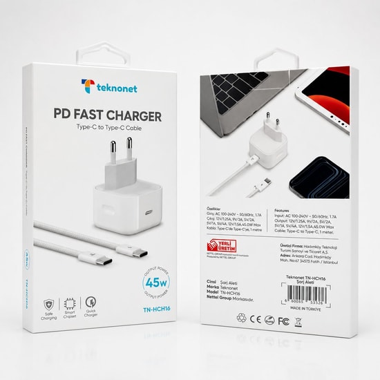 Teknonet TN-HCH16 45W Type-C Kablo + Şarj Aleti (NT-116896) - Beyaz, PD Hızlı Şarj Desteği, 1 Metre, 1 USB Çıkışlı