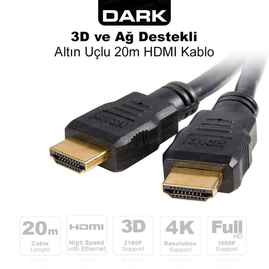 Dark DK-HD-CV14L2000 20 Metre 4K HDMI v1.4 Kablo - Altın Uçlu, 3D ve Ağ Destekli, 4K 30Hz, Yüksek Hızlı Veri Aktarımı
