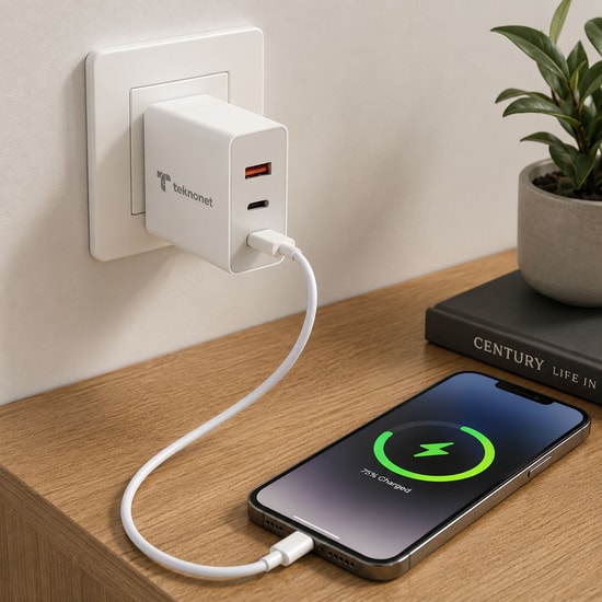 Teknonet TN-HCH15 50W Beyaz Şarj Aleti (NT-116895) - 3 Çıkışlı, USB + Type-C PD, Hızlı Şarj, 24 Ay Garantili