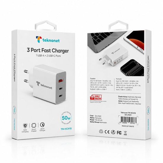 Teknonet TN-HCH15 50W Beyaz Şarj Aleti (NT-116895) - 3 Çıkışlı, USB + Type-C PD, Hızlı Şarj, 24 Ay Garantili