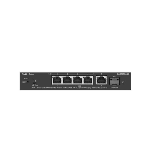 Ruijie Reyee RG-ES206MG-P 6 Port 2.5G Yönetilebilir PoE Switch - 4x2.5G PoE (70W), 1x10G SFP+, 1x2.5G RJ45 Uplink