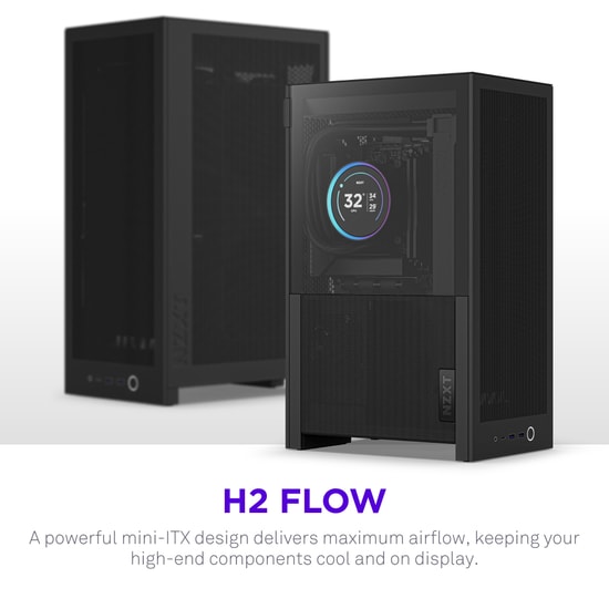NZXT H2 Flow Siyah Mini-ITX Bilgisayar Kasası (CI-H21FB-01) - PCIe 5.0 Riser Kablo, Kompakt Tasarım, USB-C
