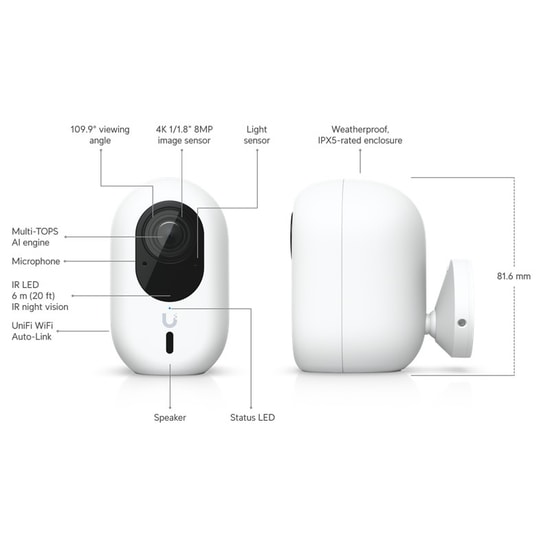 Ubiquiti UVC-G6-INS-W 8MP Wi-Fi IP Kamera - 2.8mm Lens, 6m IR, Çift Yönlü Ses, Plaka ve Yüz Algılama, IPX5 Koruma