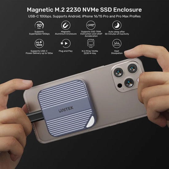 Unitek S1244AGY01 Manyetik M.2 2230 NVMe SSD Kutusu - 10Gbps, 100W PD Şarj, Alüminyum, MagSafe Uyumlu Tasarım