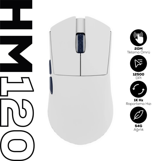 Hawk HM120B Beyaz Tri-Mode Kablosuz Gaming Mouse - 12500 DPI, 1000Hz, BT/2.4 GHz Bağlantı, Profesyonel Oyuncu Mouse