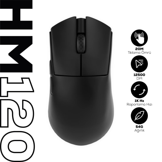Hawk HM120S Siyah Tri-Mode Kablosuz Gaming Mouse - 12500 DPI, 1000Hz, BT/2.4 GHz Bağlantı, Profesyonel Oyuncu Mouse