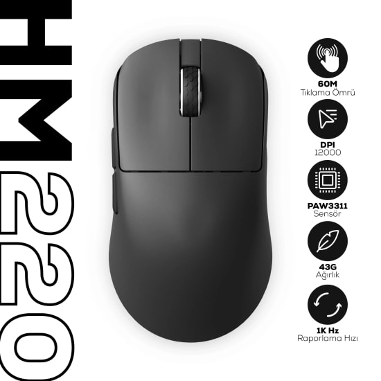 Hawk HM220S Siyah Tri-Mode Kablosuz Gaming Mouse: 12000 DPI, 1000Hz, BT/2.4 GHz Bağlantı, Profesyonel Oyuncu Mouse