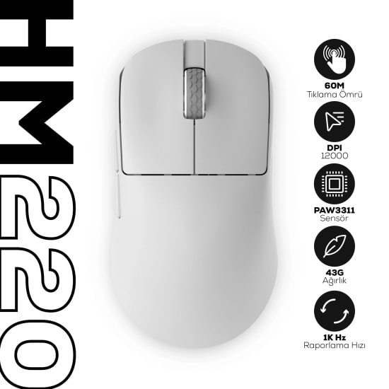 Hawk HM220B Beyaz Tri-Mode Kablosuz Gaming Mouse: 12000 DPI, 1000Hz, BT/2.4 GHz Bağlantı, Profesyonel Oyuncu Mouse