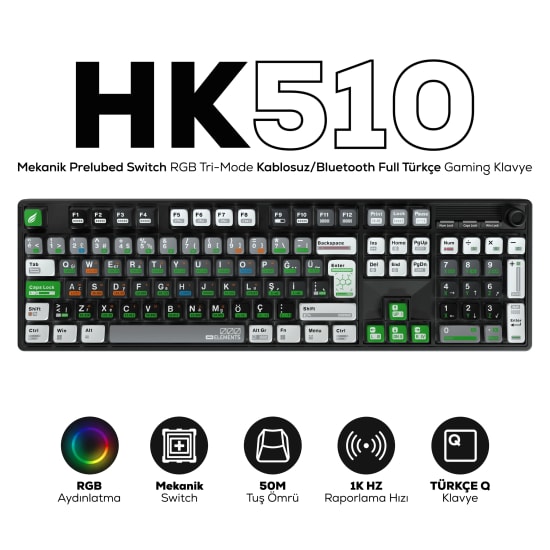 Hawk HK510 Mekanik Prelubed Switch RGB Tri-Mode Kablosuz Oyuncu Klavyesi - Bluetooth/2.4GHz/Kablolu Bağlantı