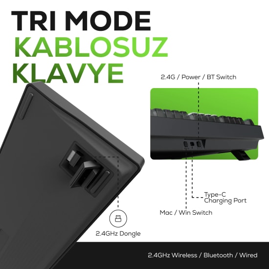 Hawk HK510 Mekanik Prelubed Switch RGB Tri-Mode Kablosuz Oyuncu Klavyesi - Bluetooth/2.4GHz/Kablolu Bağlantı