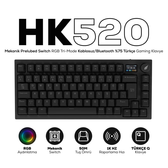 Hawk HK520 Mekanik Prelubed Switch RGB Tri-Mode Kablosuz Oyuncu Klavyesi - Bluetooth/2.4GHz/Kablolu Bağlantı