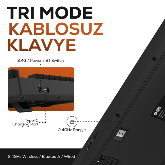 Hawk HK520 Mekanik Prelubed Switch RGB Tri-Mode Kablosuz Oyuncu Klavyesi - Bluetooth/2.4GHz/Kablolu Bağlantı