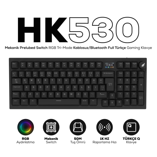 Hawk HK530 Mekanik Prelubed Switch RGB Oyuncu Klavyesi - TR Q Düzen, Kablolu Bağlantı, Profesyonel Gaming Klavye