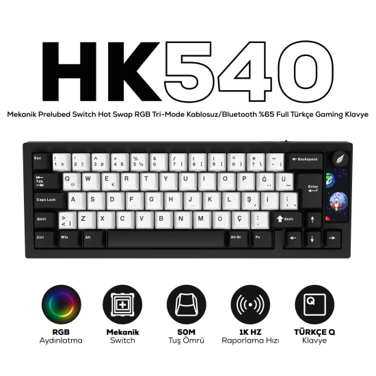 Hawk HK540 Mekanik Prelubed Switch RGB Oyuncu Klavyesi - TR Q Düzen, Kablolu Bağlantı, Profesyonel Gaming Klavye