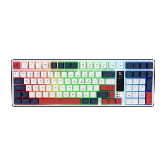 Hawk HK257RB Kırmızı Mavi Q Türkçe RGB Kablosuz Gaming Klavye - Bluetooth, LCD Ekran, 19 Anti-Ghosting, Şarjlı