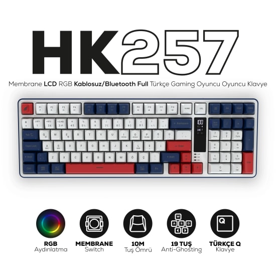 Hawk HK257RB Kırmızı Mavi Q Türkçe RGB Kablosuz Gaming Klavye - Bluetooth, LCD Ekran, 19 Anti-Ghosting, Şarjlı