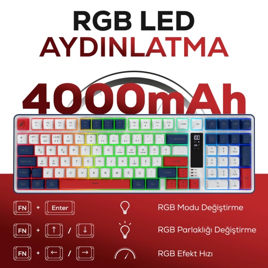 Hawk HK257RB Kırmızı Mavi Q Türkçe RGB Kablosuz Gaming Klavye - Bluetooth, LCD Ekran, 19 Anti-Ghosting, Şarjlı