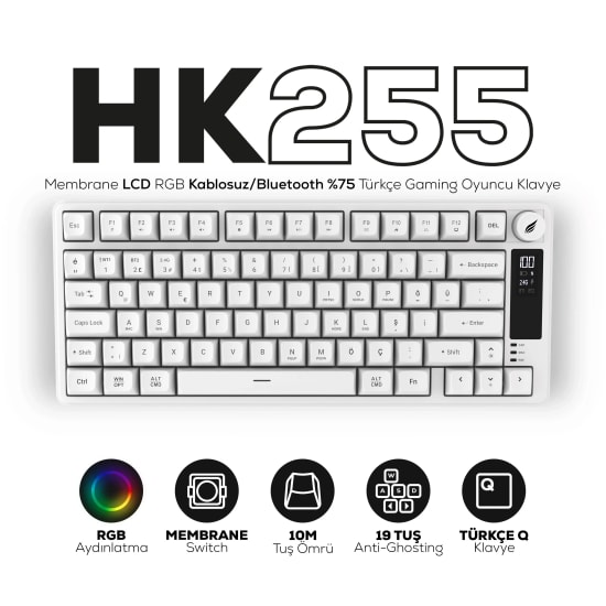 Hawk HK255W Beyaz Q Türkçe RGB Kablosuz Gaming Klavye - Bluetooth, LCD Ekran, 19 Anti-Ghosting, Şarj Edilebilir Pil