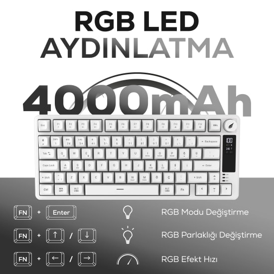 Hawk HK255W Beyaz Q Türkçe RGB Kablosuz Gaming Klavye - Bluetooth, LCD Ekran, 19 Anti-Ghosting, Şarj Edilebilir Pil
