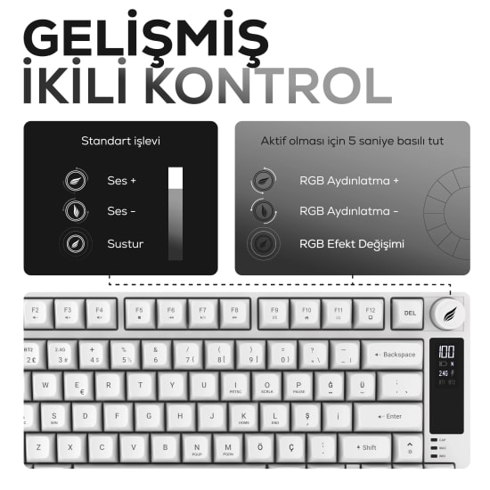 Hawk HK255W Beyaz Q Türkçe RGB Kablosuz Gaming Klavye - Bluetooth, LCD Ekran, 19 Anti-Ghosting, Şarj Edilebilir Pil