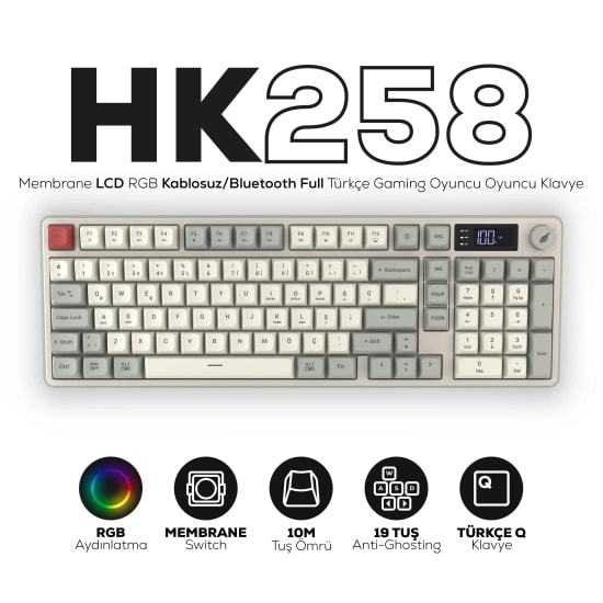 Hawk HK258RK Kırmızı Haki Q TR RGB Kablosuz Gaming Klavye - Şarjlı, Bluetooth, 19 Anti-Ghosting, Multimedya Tuşlu
