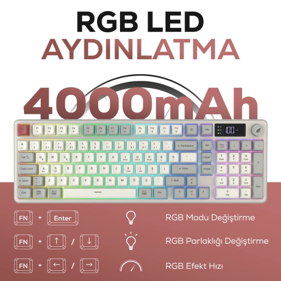 Hawk HK258RK Kırmızı Haki Q TR RGB Kablosuz Gaming Klavye - Şarjlı, Bluetooth, 19 Anti-Ghosting, Multimedya Tuşlu