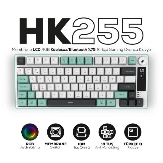 Hawk HK255WG Gri Yeşil Q Türkçe RGB Kablosuz Gaming Klavye - Bluetooth, LCD Ekran, 19 Anti-Ghosting, Multimedya Tuşları