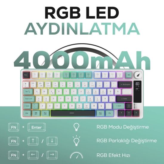 Hawk HK255WG Gri Yeşil Q Türkçe RGB Kablosuz Gaming Klavye - Bluetooth, LCD Ekran, 19 Anti-Ghosting, Multimedya Tuşları