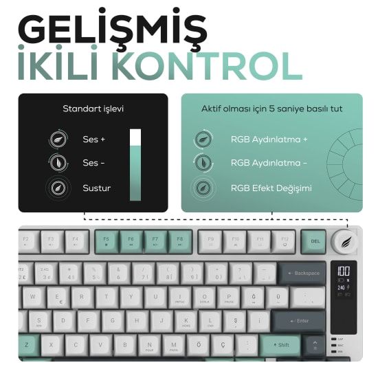 Hawk HK255WG Gri Yeşil Q Türkçe RGB Kablosuz Gaming Klavye - Bluetooth, LCD Ekran, 19 Anti-Ghosting, Multimedya Tuşları