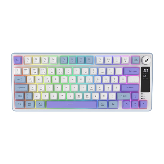 Hawk HK255BP Mavi Mor Q Türkçe RGB Kablosuz Gaming Klavye - Bluetooth, LCD Ekran, 19 Anti-Ghosting, Multimedya Tuşlu