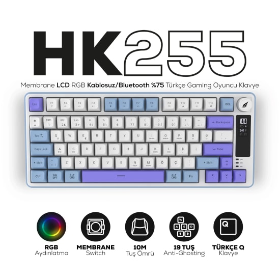 Hawk HK255BP Mavi Mor Q Türkçe RGB Kablosuz Gaming Klavye - Bluetooth, LCD Ekran, 19 Anti-Ghosting, Multimedya Tuşlu