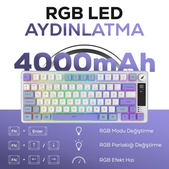 Hawk HK255BP Mavi Mor Q Türkçe RGB Kablosuz Gaming Klavye - Bluetooth, LCD Ekran, 19 Anti-Ghosting, Multimedya Tuşlu