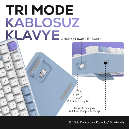 Hawk HK255BP Mavi Mor Q Türkçe RGB Kablosuz Gaming Klavye - Bluetooth, LCD Ekran, 19 Anti-Ghosting, Multimedya Tuşlu