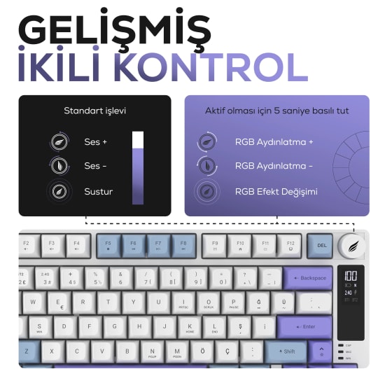Hawk HK255BP Mavi Mor Q Türkçe RGB Kablosuz Gaming Klavye - Bluetooth, LCD Ekran, 19 Anti-Ghosting, Multimedya Tuşlu