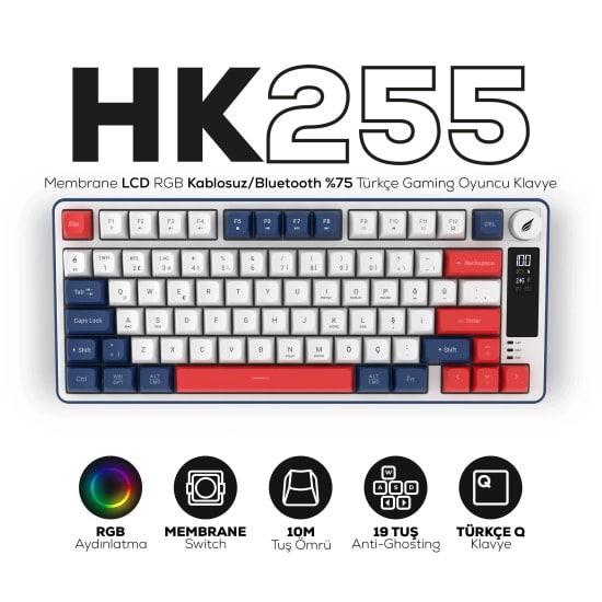 Hawk HK255BR Mavi Kırmızı Q Türkçe RGB Kablosuz Gaming Klavye - Bluetooth, LCD Ekran, 19 Anti-Ghosting, Şarjlı Pil