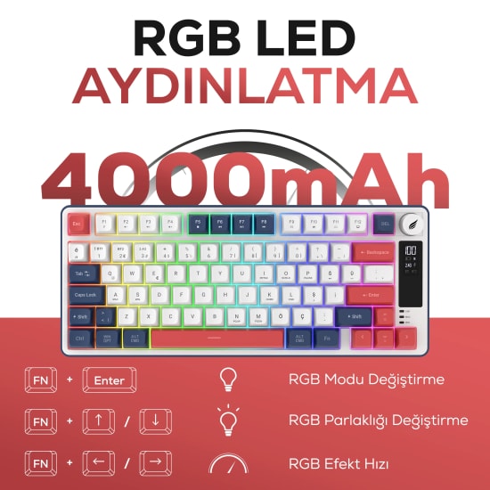 Hawk HK255BR Mavi Kırmızı Q Türkçe RGB Kablosuz Gaming Klavye - Bluetooth, LCD Ekran, 19 Anti-Ghosting, Şarjlı Pil