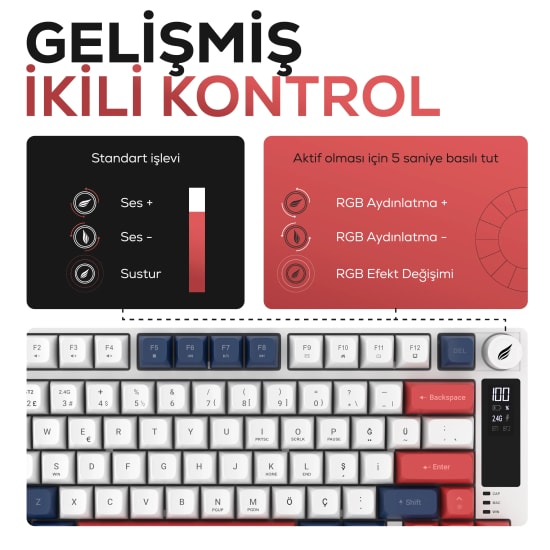 Hawk HK255BR Mavi Kırmızı Q Türkçe RGB Kablosuz Gaming Klavye - Bluetooth, LCD Ekran, 19 Anti-Ghosting, Şarjlı Pil