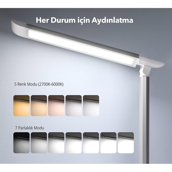 TaoTronics TT-DL13 LED Masa Lambası - USB Şarj Portu, 5 Renk Modu, 7 Parlaklık Seviyesi, 12W, 410 Lümen, Beyaz