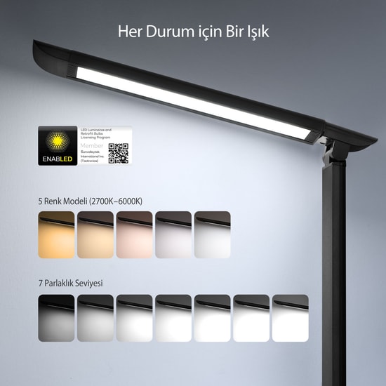 TaoTronics TT-DL13 LED Masa Lambası - USB Şarj Portu, 5 Renk Modu, 7 Parlaklık Seviyesi, 12W, 410 Lümen, Siyah