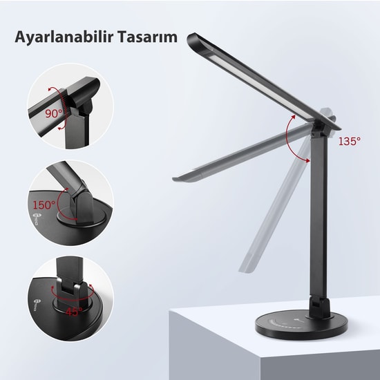 TaoTronics TT-DL13 LED Masa Lambası - USB Şarj Portu, 5 Renk Modu, 7 Parlaklık Seviyesi, 12W, 410 Lümen, Siyah