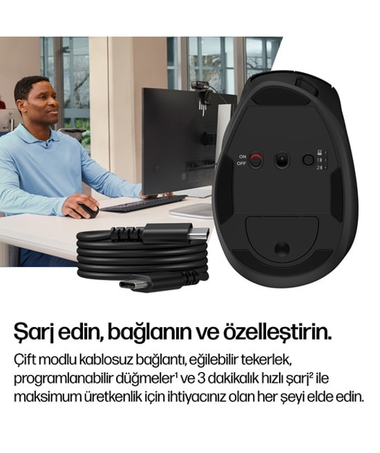 HP Tilt Ergonomic Mouse 720M Siyah (BH0Z4AA-ABB) - Kablosuz Bağlantı, Ergonomik Tasarım, Programlanabilir Tuşlar