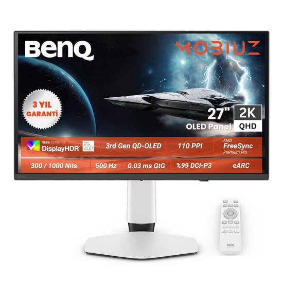 BenQ Mobiuz EX271QZ 27" 500Hz 0.03ms OLED Oyuncu Monitörü - 2K 2560x1440, HDR True Black 500, 99% P3, HDMI DP