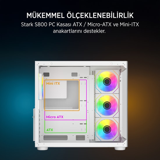 James Donkey JD-STARK-S800-750W-WHITE Gaming Kasa - 750W 80+ Bronze, 4x ARGB Fan, Temperli Cam, ATX, Beyaz Kasa